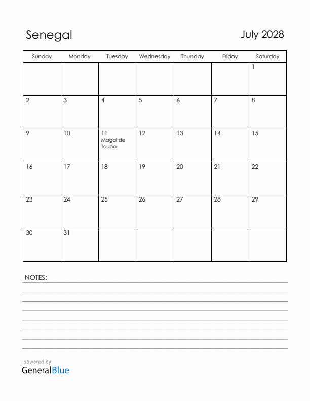 July 2028 Senegal Calendar with Holidays (Sunday Start)