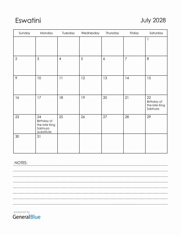 July 2028 Eswatini Calendar with Holidays (Sunday Start)