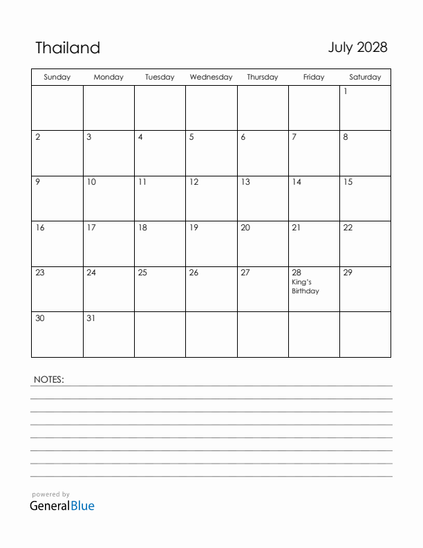 July 2028 Thailand Calendar with Holidays (Sunday Start)