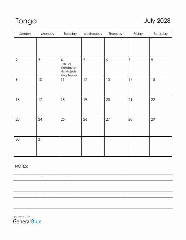 July 2028 Tonga Calendar with Holidays (Sunday Start)