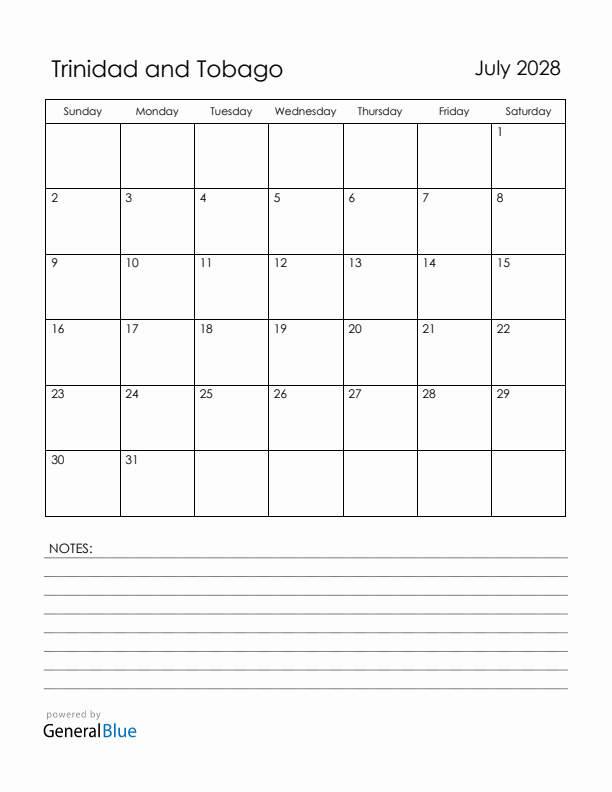 July 2028 Trinidad and Tobago Calendar with Holidays (Sunday Start)
