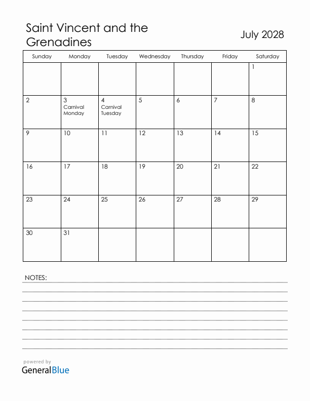 July 2028 Saint Vincent and the Grenadines Calendar with Holidays (Sunday Start)