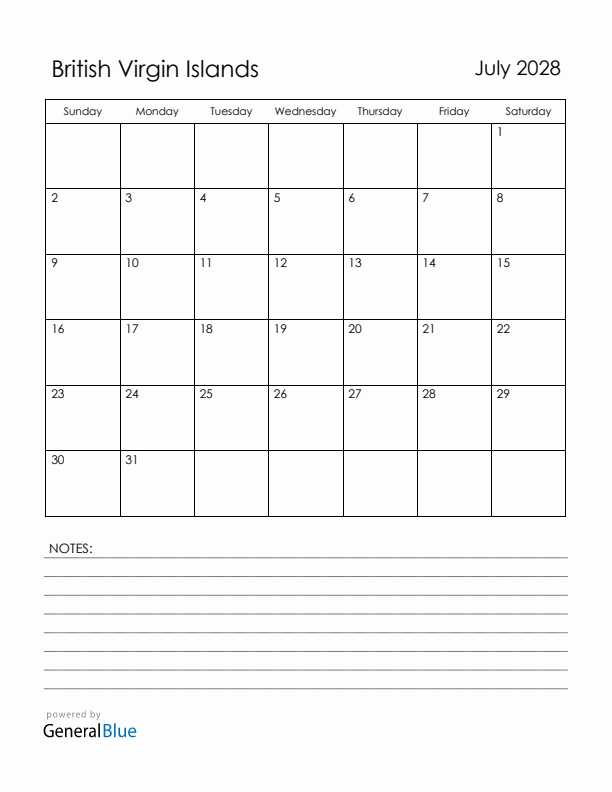 July 2028 British Virgin Islands Calendar with Holidays (Sunday Start)