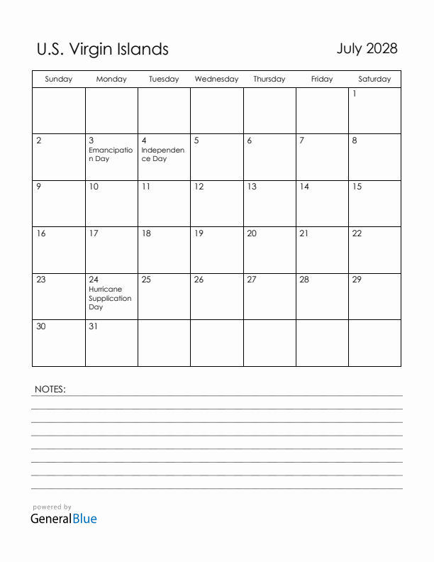 July 2028 U.S. Virgin Islands Calendar with Holidays (Sunday Start)
