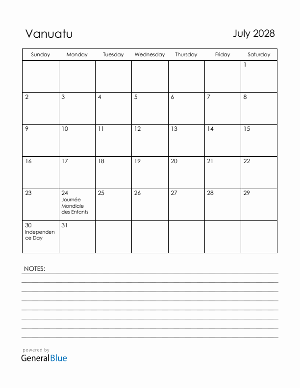 July 2028 Vanuatu Calendar with Holidays (Sunday Start)