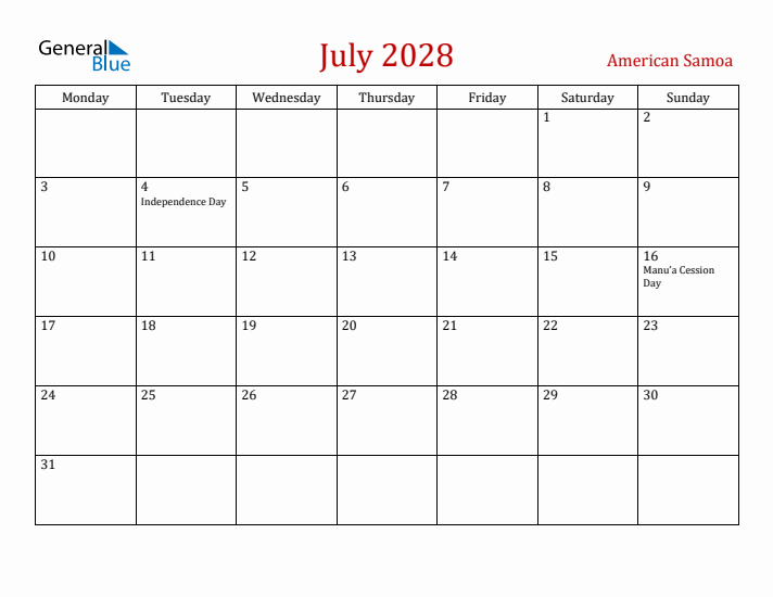 American Samoa July 2028 Calendar - Monday Start