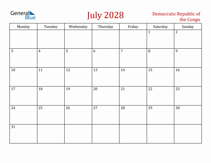 Democratic Republic of the Congo July 2028 Calendar - Monday Start