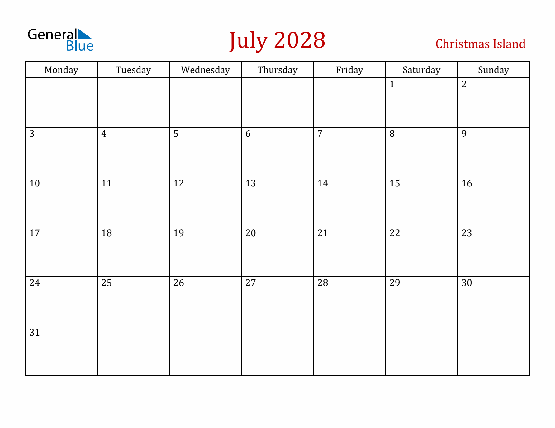 Christmas Island July 2028 Calendar - Monday Start