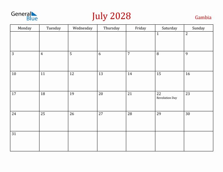 Gambia July 2028 Calendar - Monday Start
