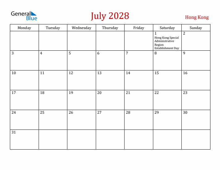 Hong Kong July 2028 Calendar - Monday Start