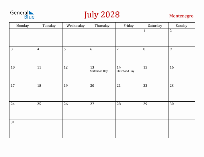 Montenegro July 2028 Calendar - Monday Start