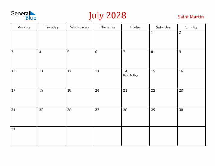 Saint Martin July 2028 Calendar - Monday Start