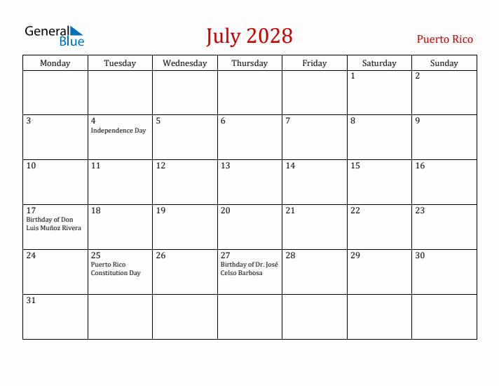 Puerto Rico July 2028 Calendar - Monday Start