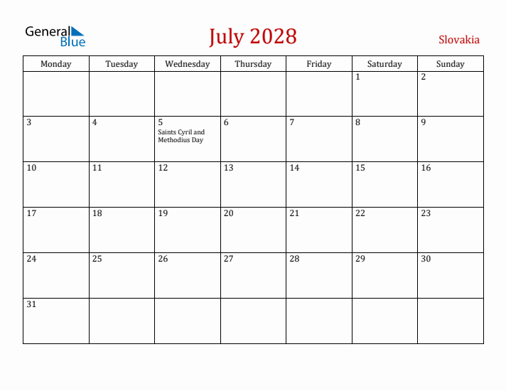 Slovakia July 2028 Calendar - Monday Start