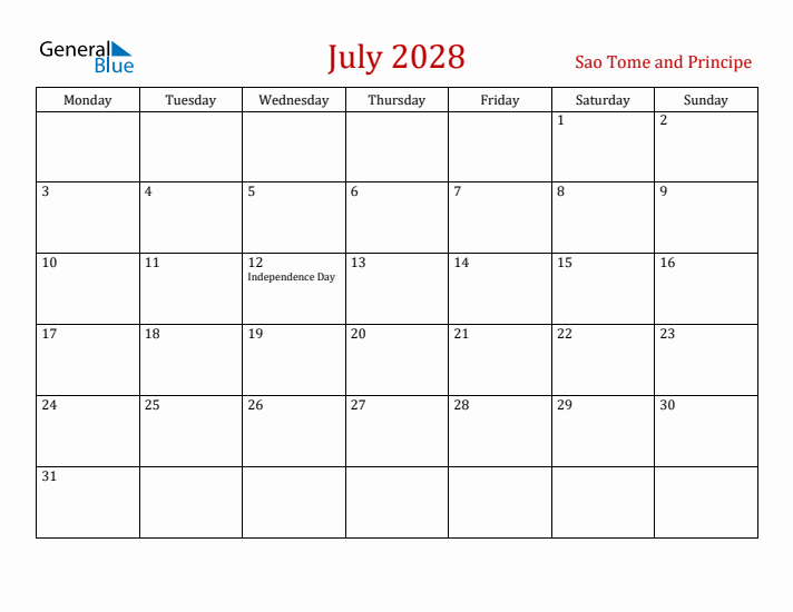 Sao Tome and Principe July 2028 Calendar - Monday Start