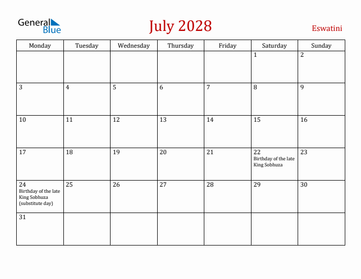 Eswatini July 2028 Calendar - Monday Start
