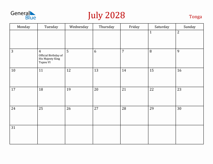 Tonga July 2028 Calendar - Monday Start