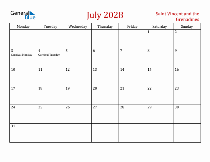 Saint Vincent and the Grenadines July 2028 Calendar - Monday Start