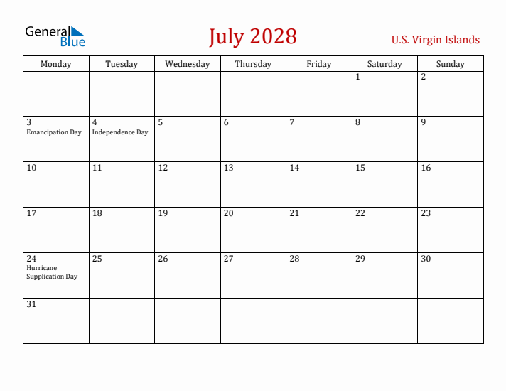 U.S. Virgin Islands July 2028 Calendar - Monday Start