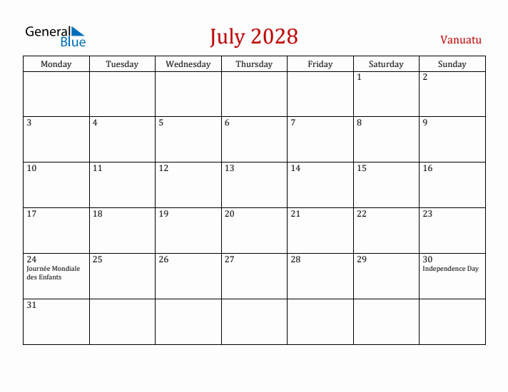 Vanuatu July 2028 Calendar - Monday Start