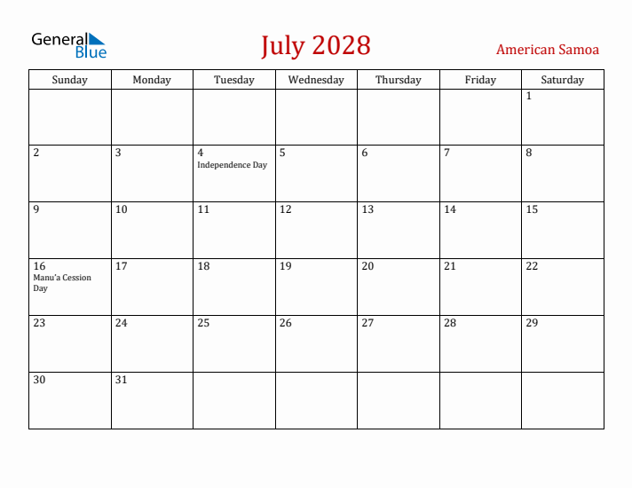 American Samoa July 2028 Calendar - Sunday Start