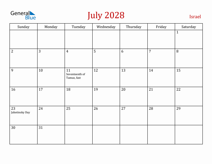 Israel July 2028 Calendar - Sunday Start