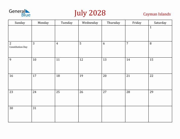 Cayman Islands July 2028 Calendar - Sunday Start