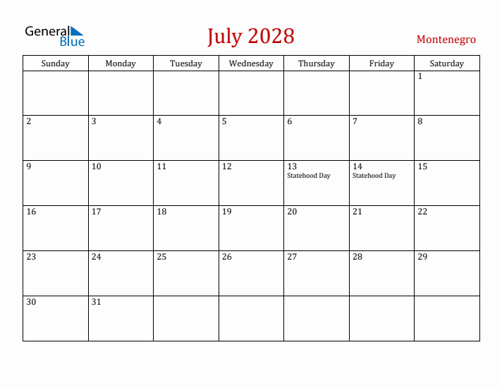 Montenegro July 2028 Calendar - Sunday Start