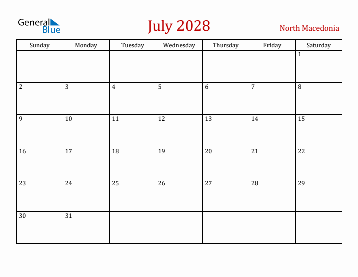 North Macedonia July 2028 Calendar - Sunday Start