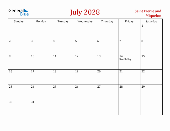 Saint Pierre and Miquelon July 2028 Calendar - Sunday Start