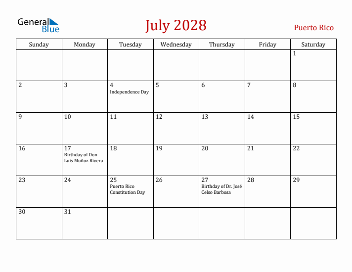 Puerto Rico July 2028 Calendar - Sunday Start
