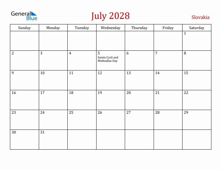 Slovakia July 2028 Calendar - Sunday Start