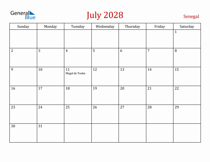 Senegal July 2028 Calendar - Sunday Start