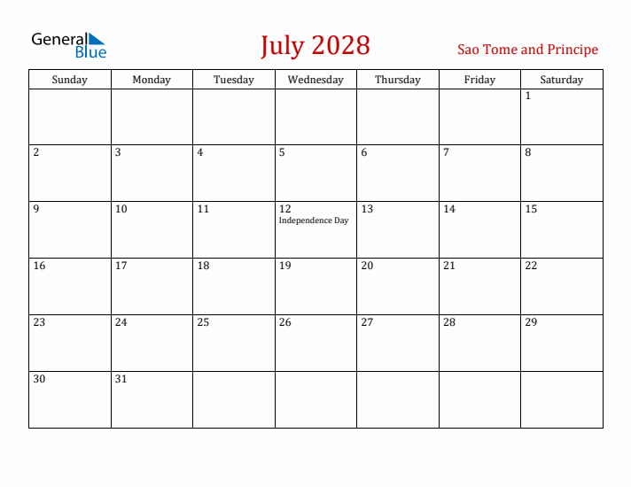 Sao Tome and Principe July 2028 Calendar - Sunday Start