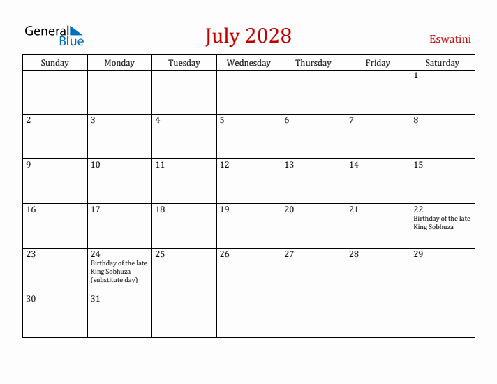 Eswatini July 2028 Calendar - Sunday Start