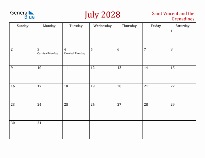 Saint Vincent and the Grenadines July 2028 Calendar - Sunday Start