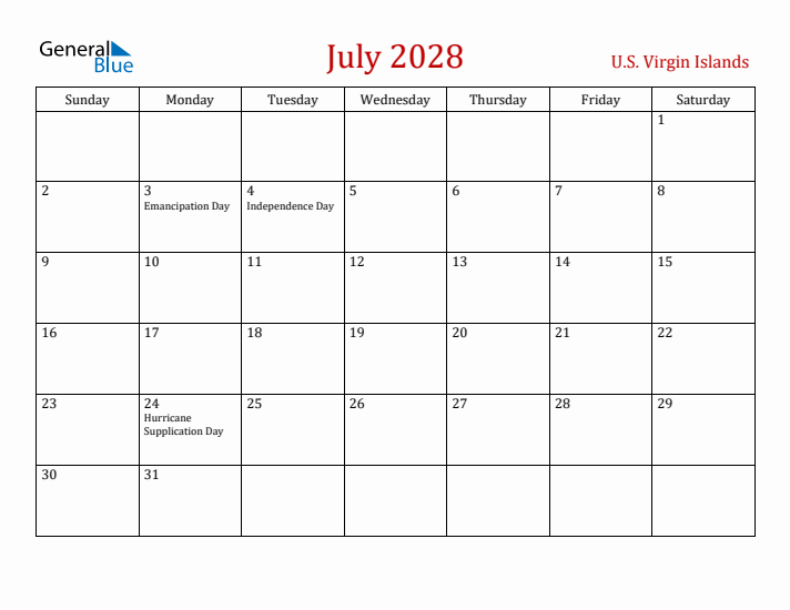 U.S. Virgin Islands July 2028 Calendar - Sunday Start