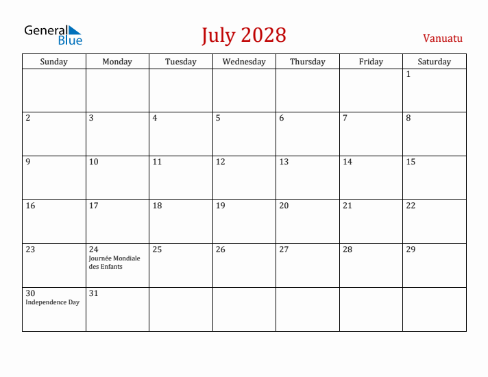 Vanuatu July 2028 Calendar - Sunday Start