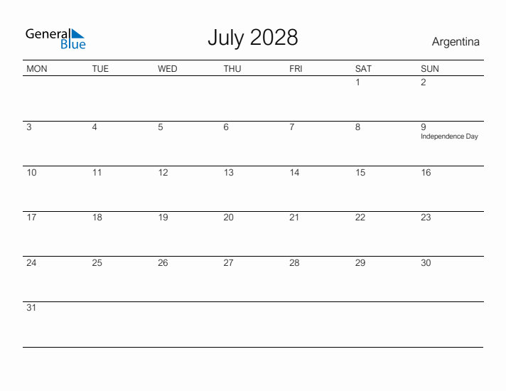 Printable July 2028 Calendar for Argentina