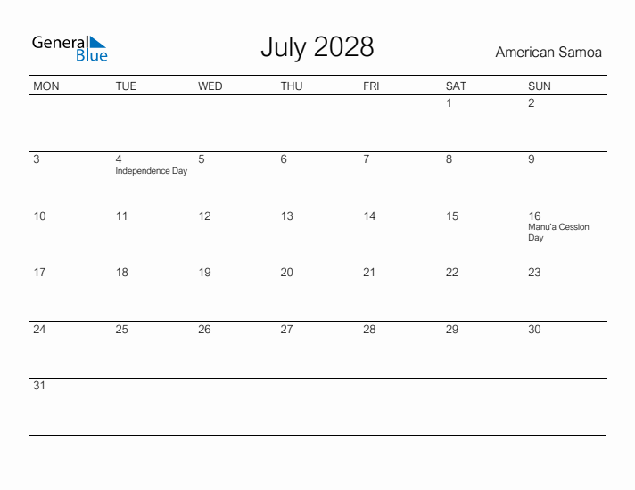 Printable July 2028 Calendar for American Samoa