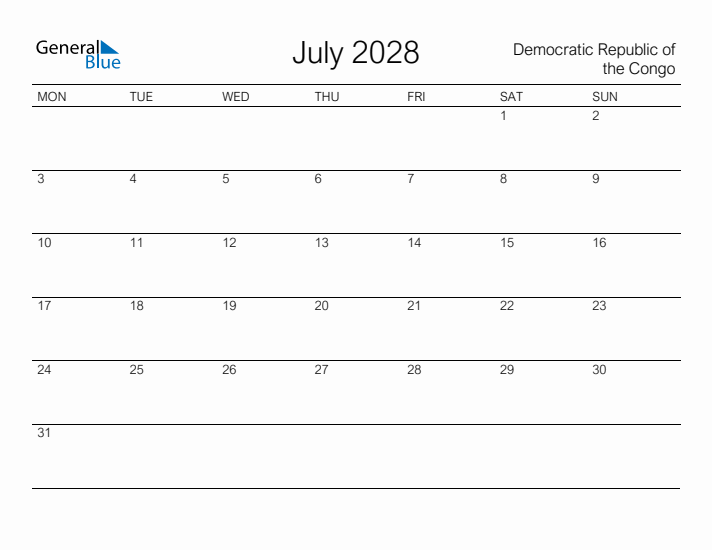 Printable July 2028 Calendar for Democratic Republic of the Congo