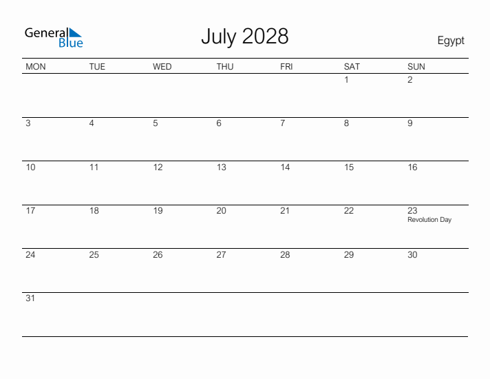 Printable July 2028 Calendar for Egypt