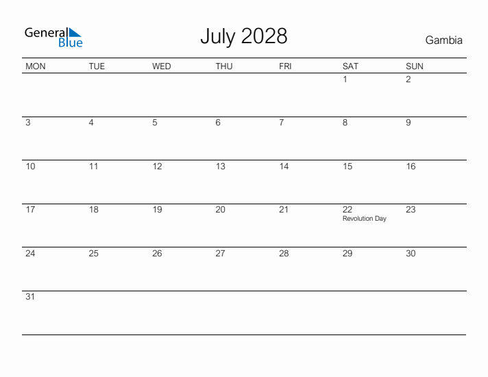 Printable July 2028 Calendar for Gambia