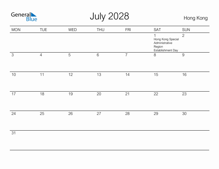 Printable July 2028 Calendar for Hong Kong