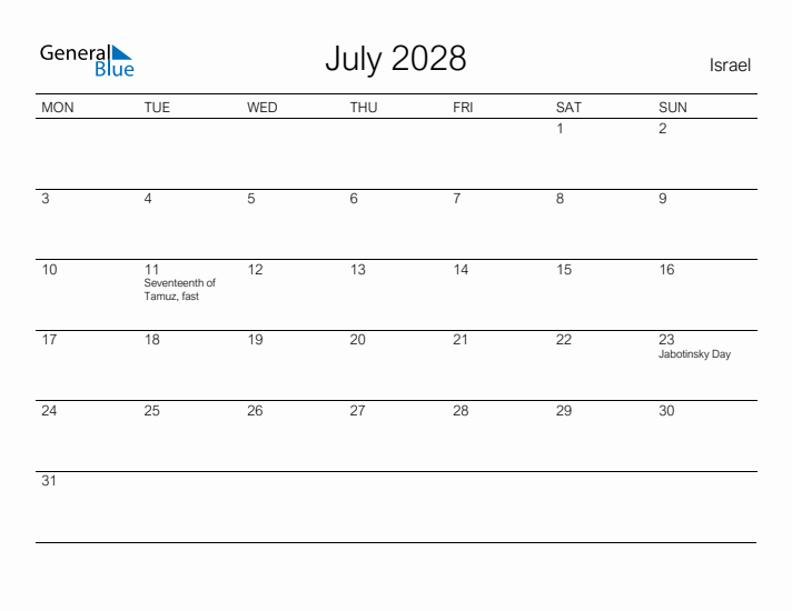 Printable July 2028 Calendar for Israel