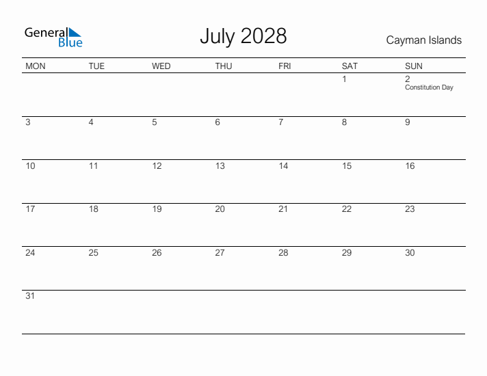 Printable July 2028 Calendar for Cayman Islands