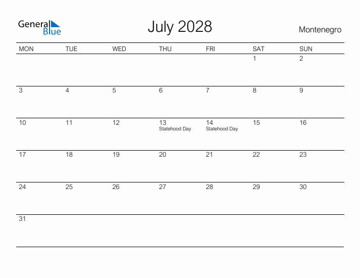 Printable July 2028 Calendar for Montenegro