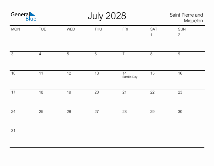 Printable July 2028 Calendar for Saint Pierre and Miquelon