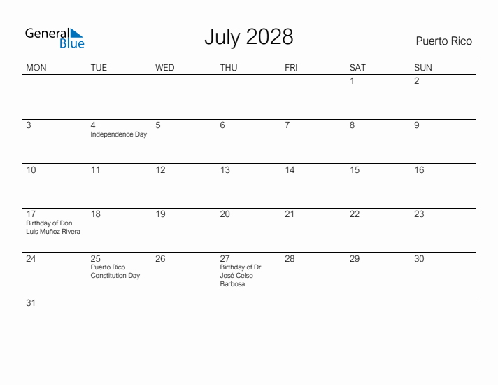 Printable July 2028 Calendar for Puerto Rico