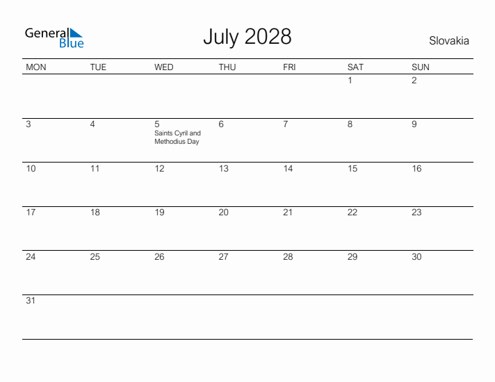 Printable July 2028 Calendar for Slovakia